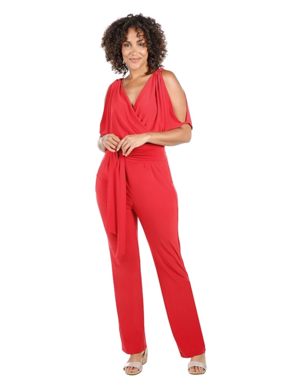 Vanessa Williams Red Cold-Shoulder Wrap Jumpsuit